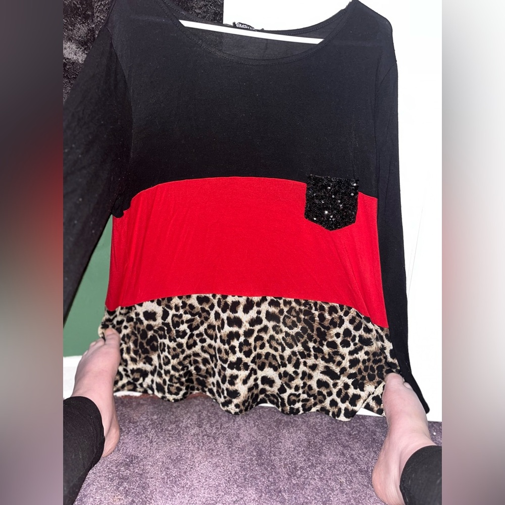 Erimish Black and Red Leopard with a Sequin Pocket Print Top